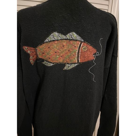 Black Light Slub Relaxed 100% Cotton Painted Fish Drop Shoulder One size Sweater - Picture 5 of 9